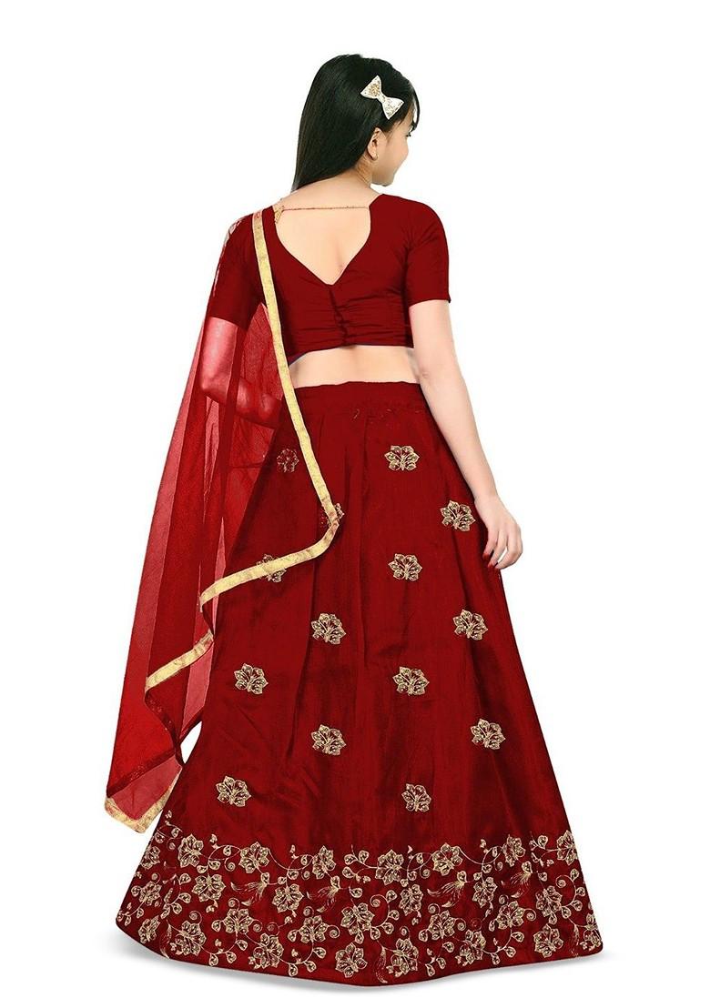 Maroon Embroidered Blended Lehenga Choli For Girls - Indya