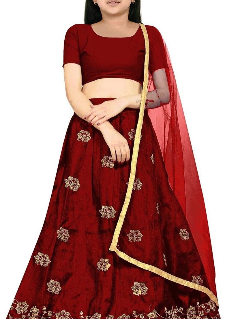 Maroon Embroidered Blended Lehenga Choli For Girls - Indya