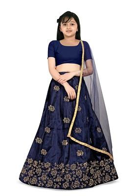 Blue Embroidered Blended Lehenga Choli For Girls