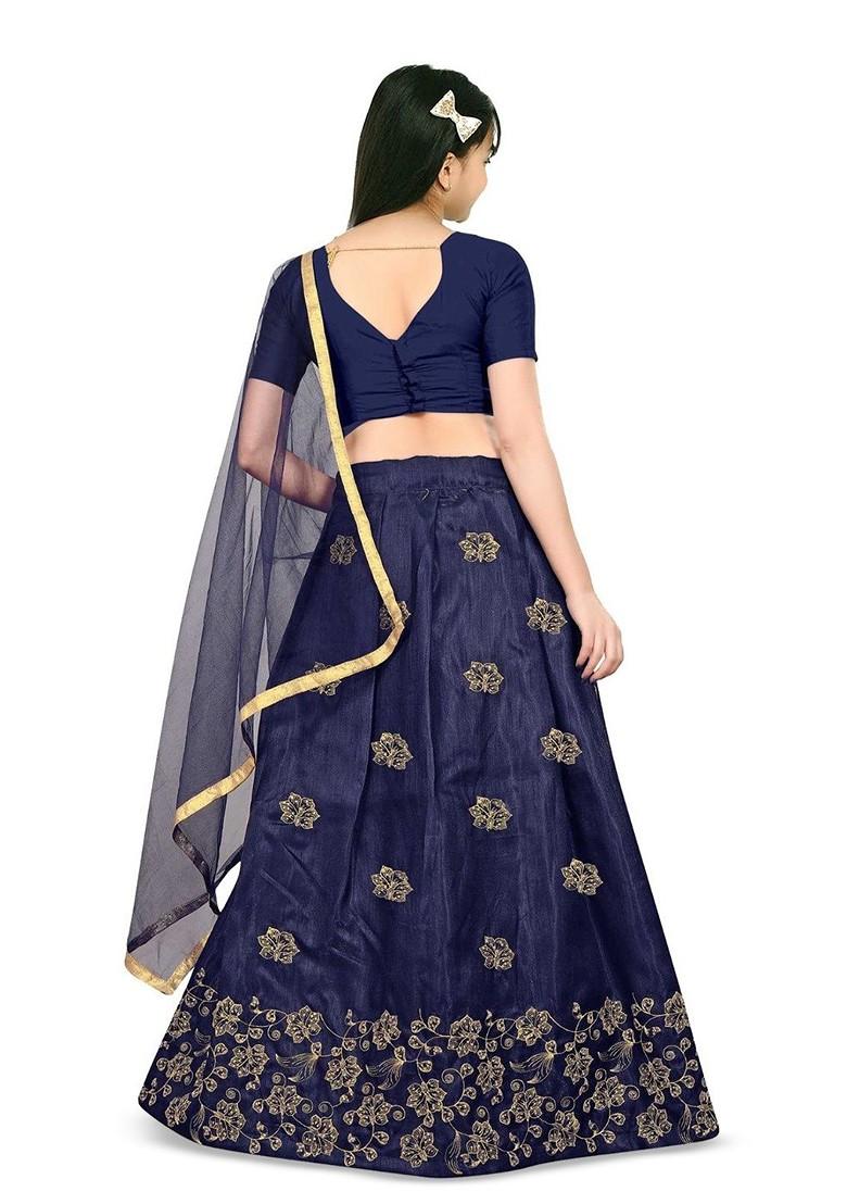 Blue Embroidered Blended Lehenga Choli For Girls - Indya
