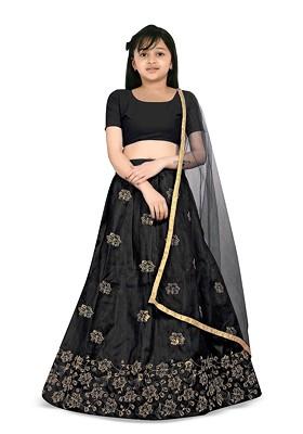 Black Embroidered Blended Lehenga Choli For Girls