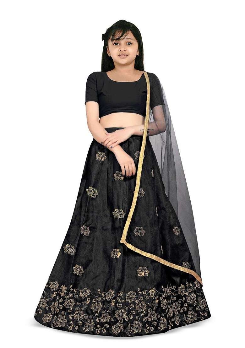 Black Embroidered Blended Lehenga Choli For Girls - Indya
