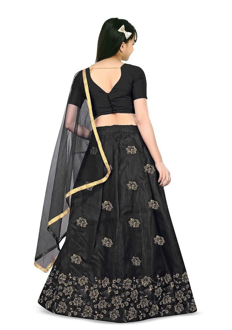 Black Embroidered Blended Lehenga Choli For Girls - Indya