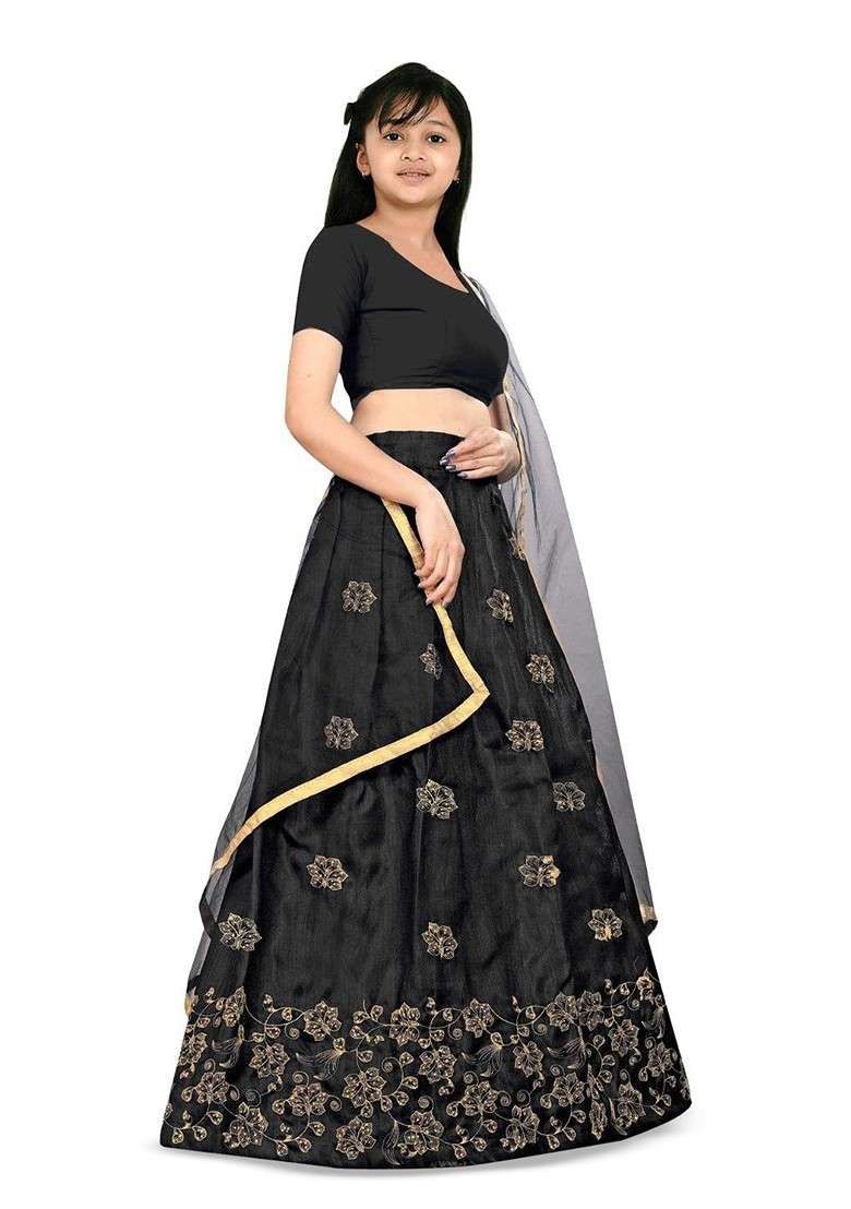 Black Embroidered Blended Lehenga Choli For Girls - Indya