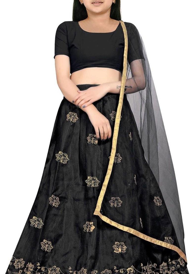 Black Embroidered Blended Lehenga Choli For Girls - Indya