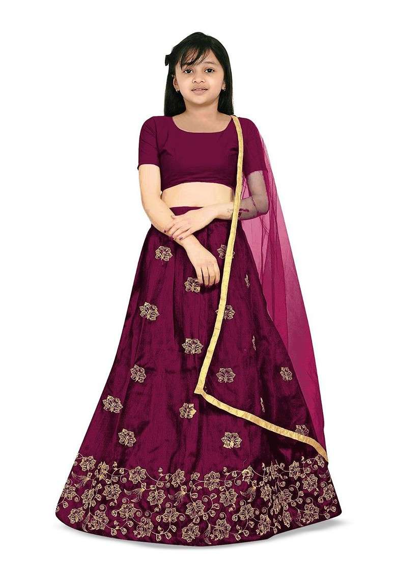 Maroon Embroidered Blended Lehenga Choli For Girls - Indya