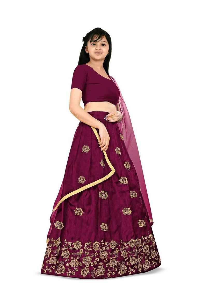 Maroon Embroidered Blended Lehenga Choli For Girls - Indya