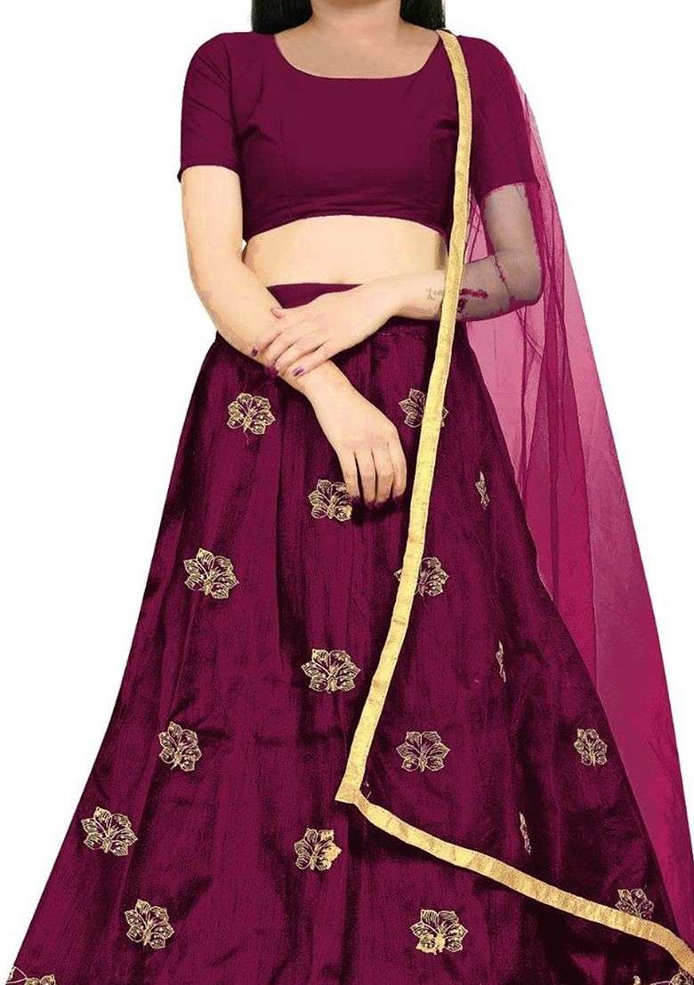 Maroon Embroidered Blended Lehenga Choli For Girls - Indya