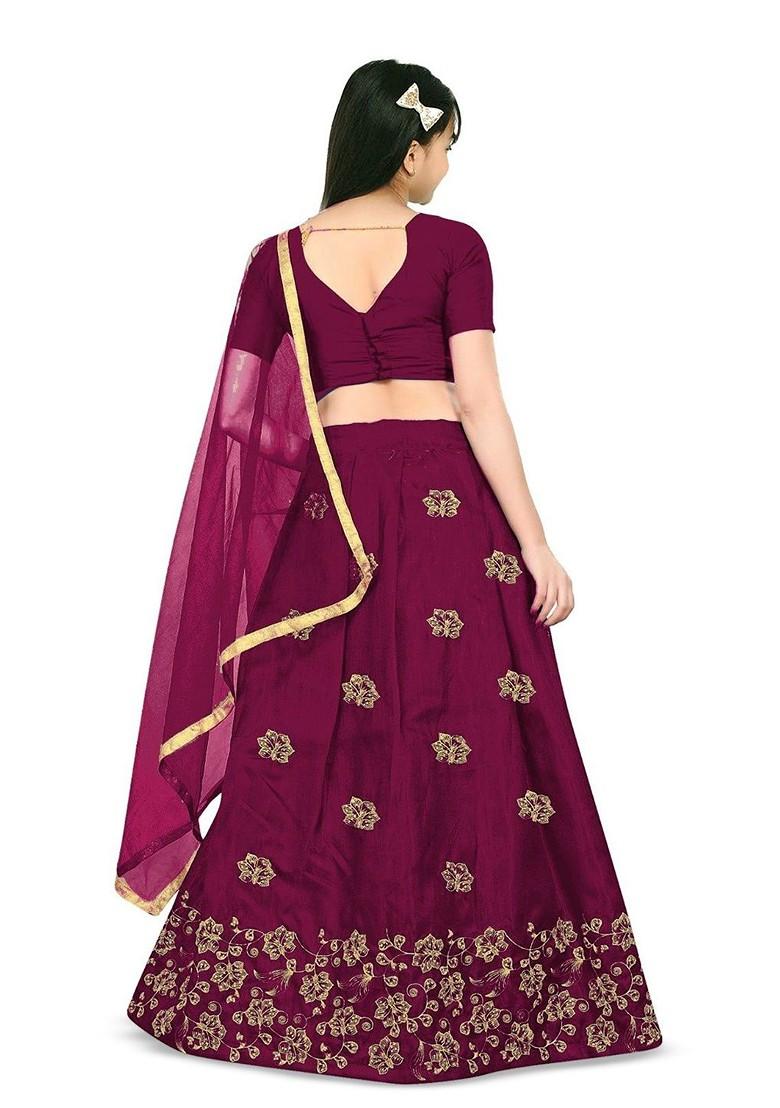Maroon Embroidered Blended Lehenga Choli For Girls - Indya