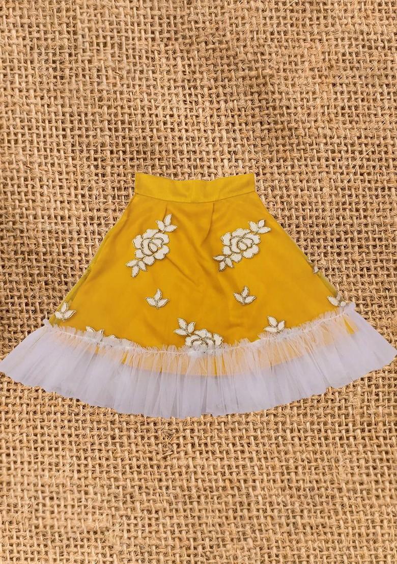 Mustard Embroidered Blended Lehenga Choli For Girls - Indya