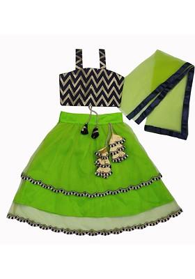 Lime Green Embroidered Blended Lehenga Choli For Girls