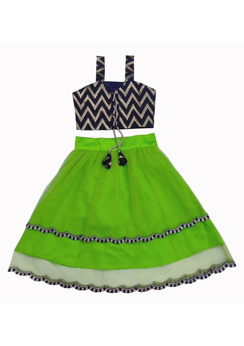 Lime Green Embroidered Blended Lehenga Choli For Girls - Indya
