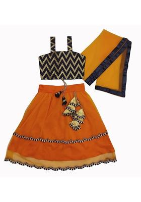Orange Embroidered Blended Lehenga Choli For Girls