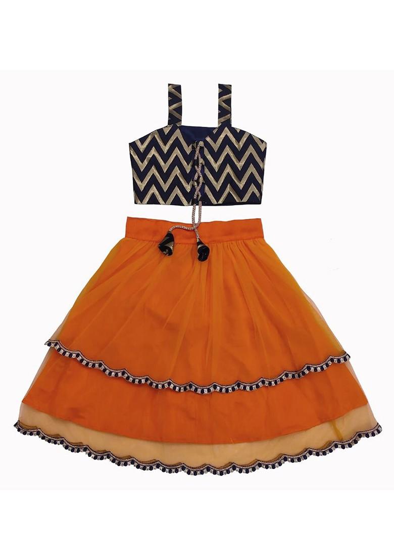 Orange Embroidered Blended Lehenga Choli For Girls - Indya