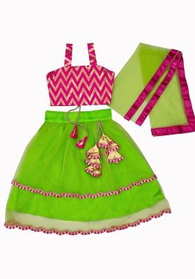 Lime Green Embroidered Blended Lehenga Choli For Girls