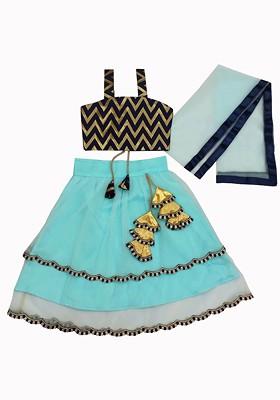 Sea Green Embroidered Blended Lehenga Choli For Girls