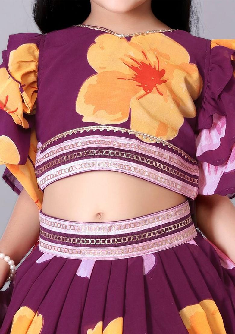 Magenta Printed Blended Lehenga Choli For Girls - Indya