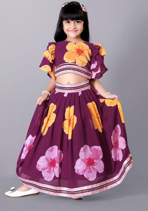Magenta Printed Blended Lehenga Choli For Girls — view on Indya