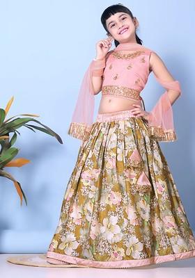 Green Embroidered Blended Lehenga Choli For Girls