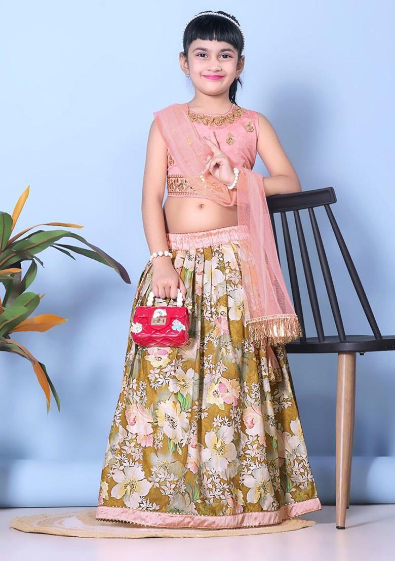 Green Embroidered Blended Lehenga Choli For Girls - Indya