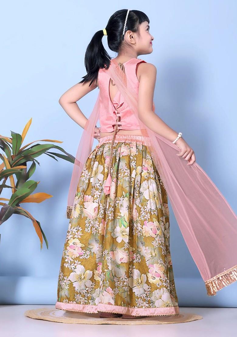 Green Embroidered Blended Lehenga Choli For Girls - Indya