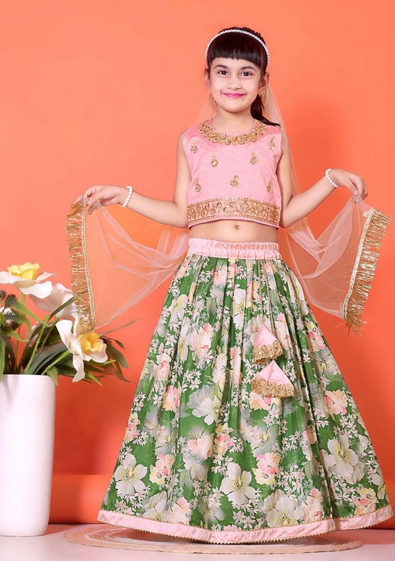 Olive Embroidered Blended Lehenga Choli For Girls - Indya