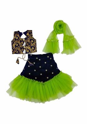 Green Embroidered Blended Lehenga Choli For Girls