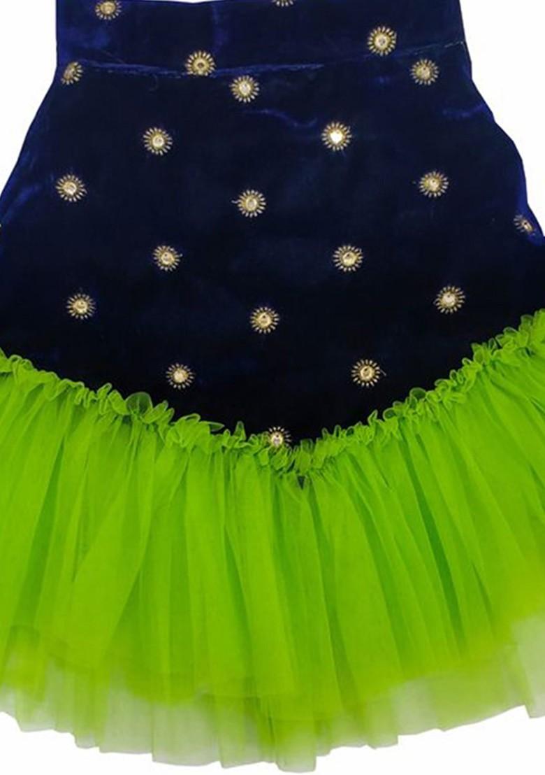 Green Embroidered Blended Lehenga Choli For Girls - Indya