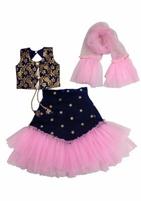 Pink Embroidered Blended Lehenga Choli For Girls