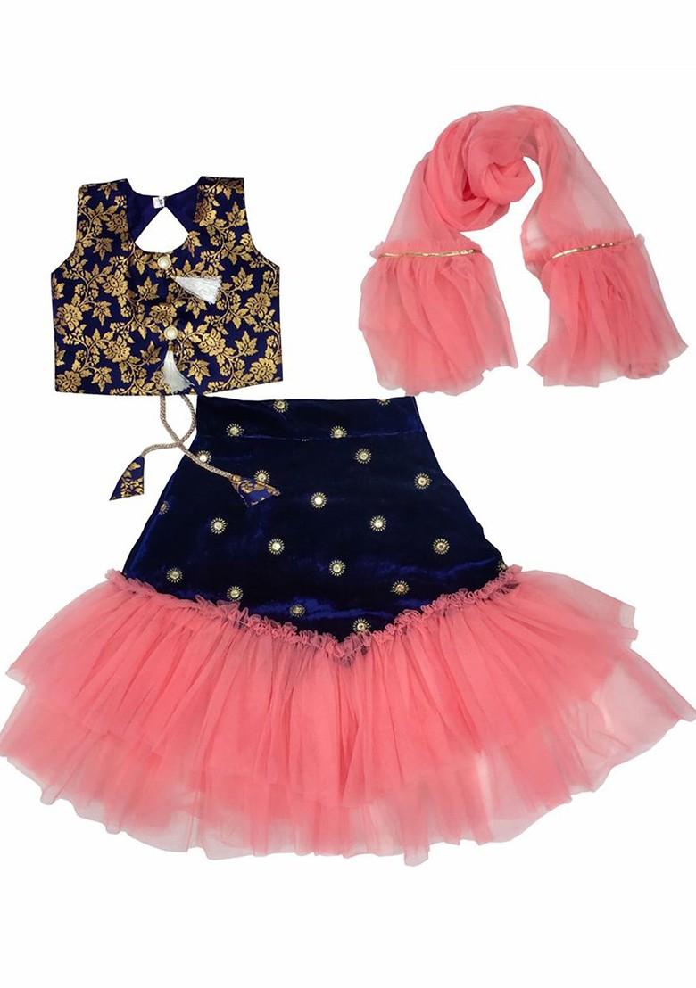 Peach Embroidered Blended Lehenga Choli For Girls - Indya