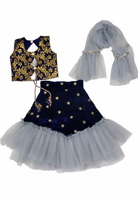 Grey Embroidered Blended Lehenga Choli For Girls