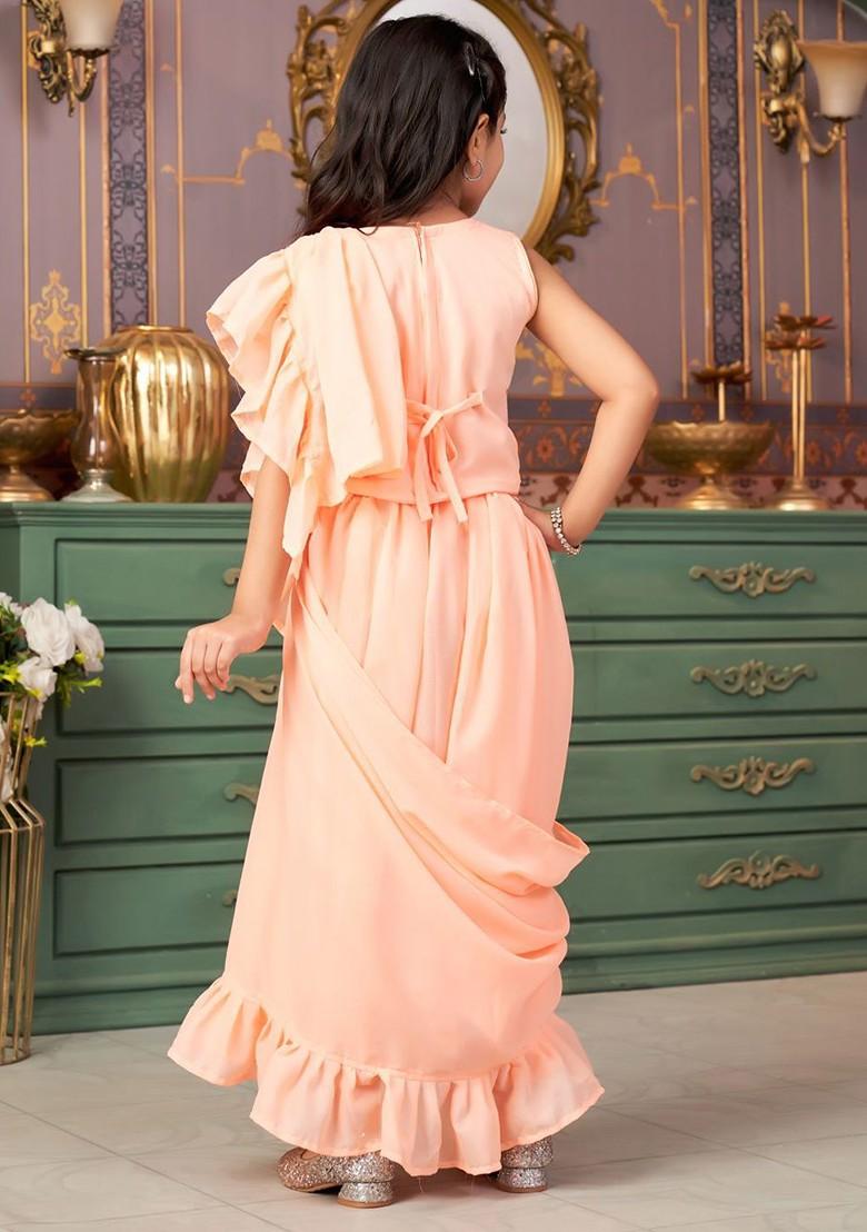Peach Embroidered Blended Lehenga Choli For Girls - Indya