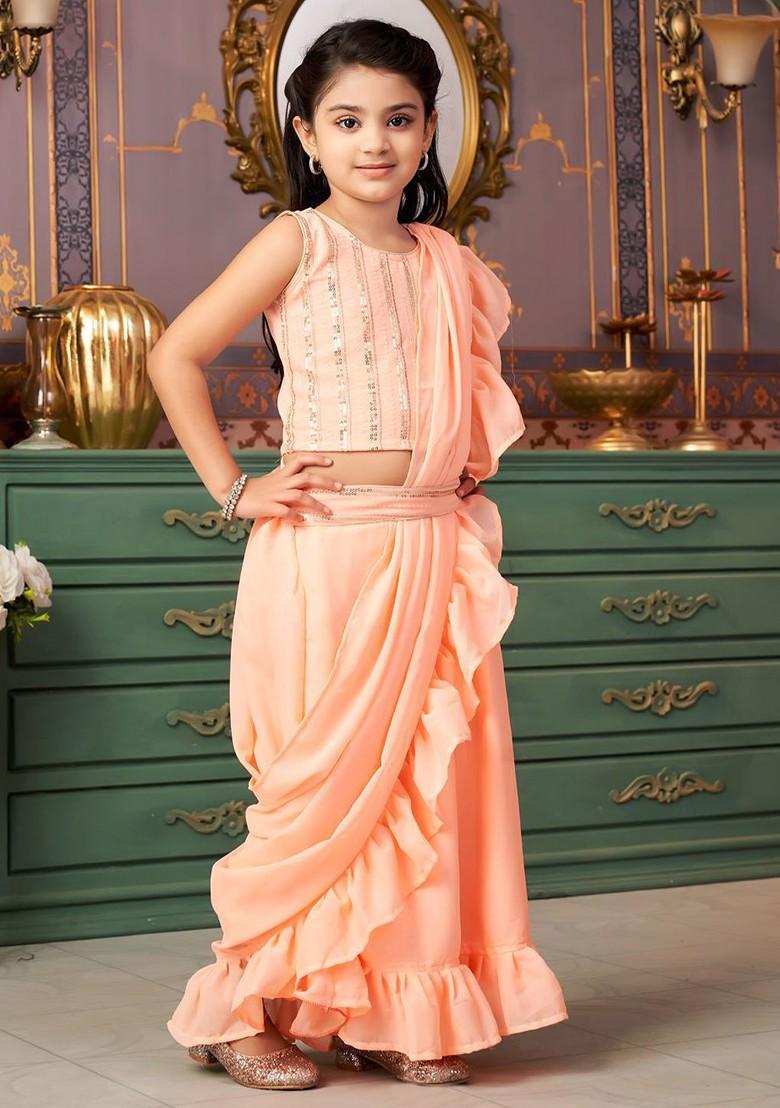 Peach Embroidered Blended Lehenga Choli For Girls - Indya