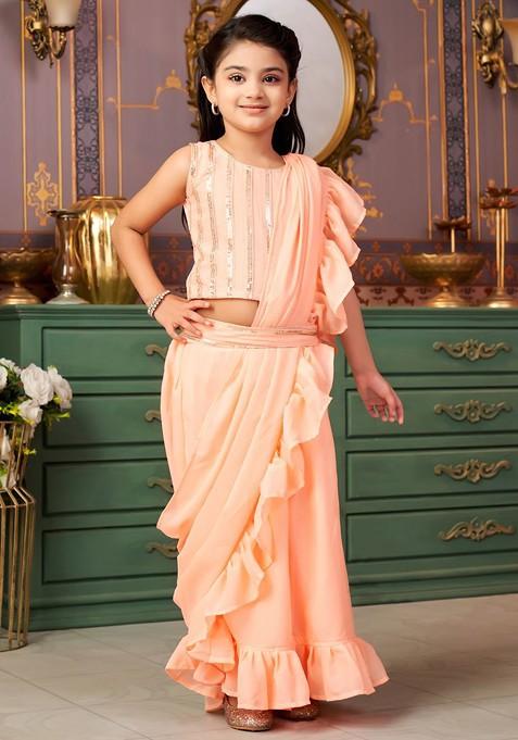 Peach Embroidered Blended Lehenga Choli For Girls — view on Indya