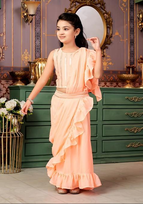 Peach Embellished Blended Lehenga Choli For Girls — view on Indya