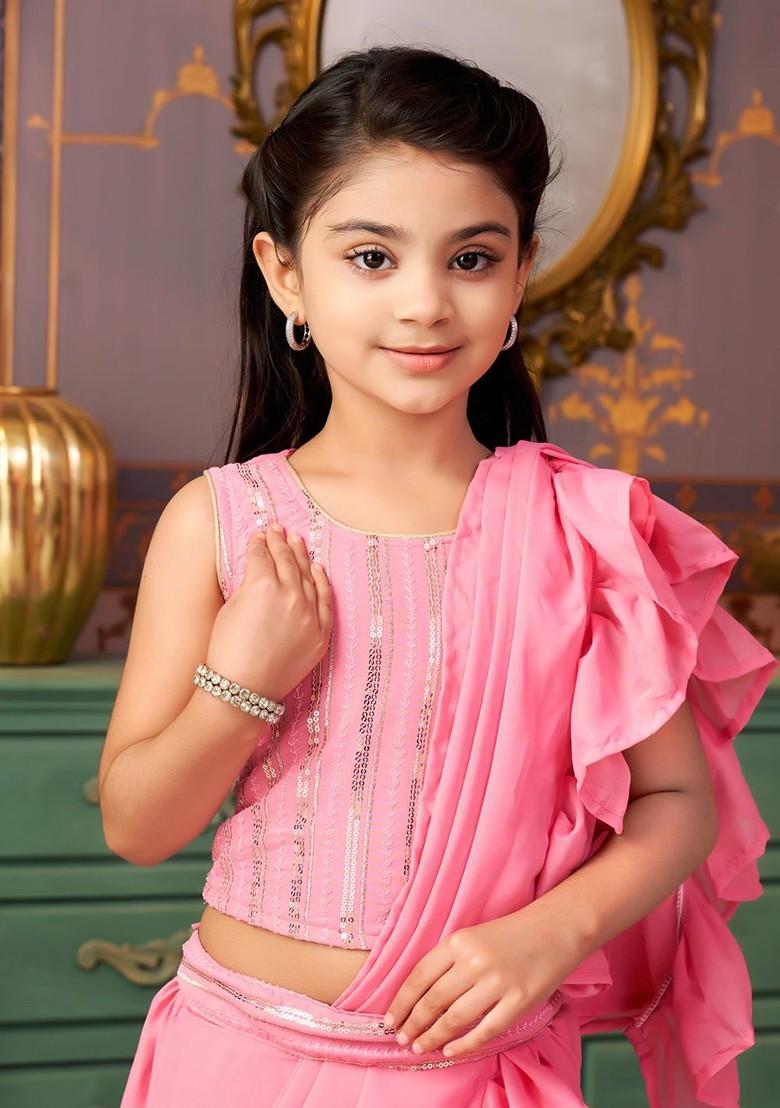 Pink Embroidered Blended Lehenga Choli For Girls - Indya