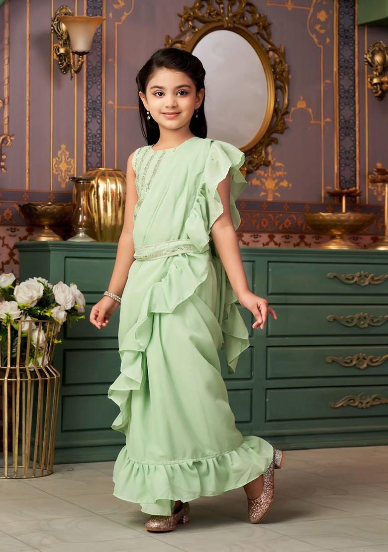 Green Embellished Blended Lehenga Choli For Girls - Indya