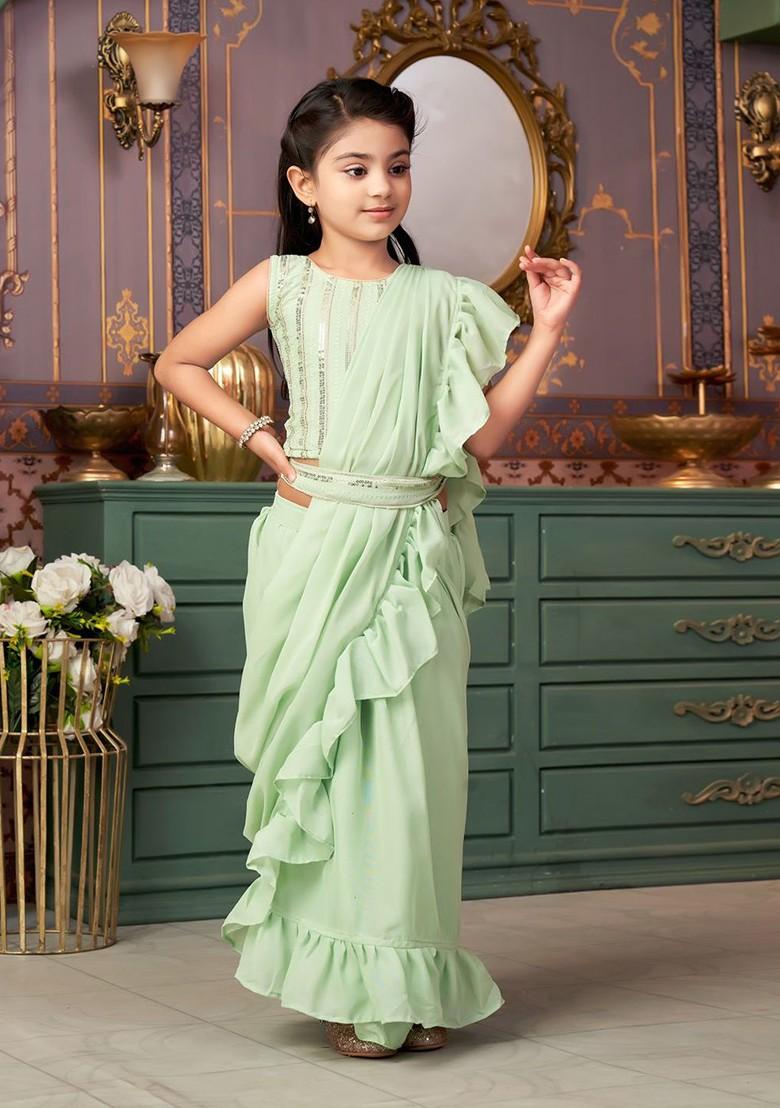 Green Embellished Blended Lehenga Choli For Girls - Indya