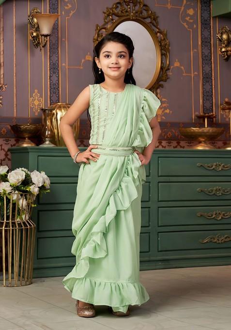 Green Embellished Blended Lehenga Choli For Girls — view on Indya