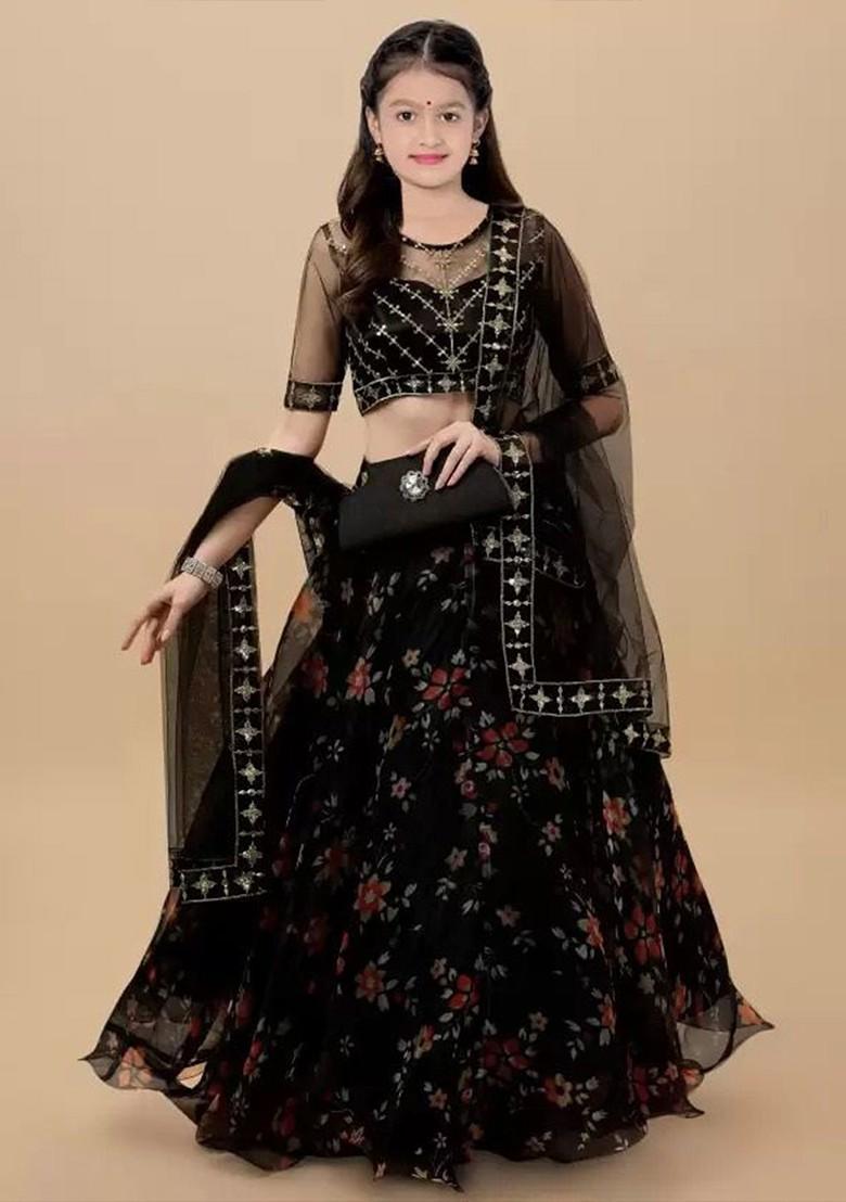 Black Embroidered Blended Lehenga Choli For Girls - Indya