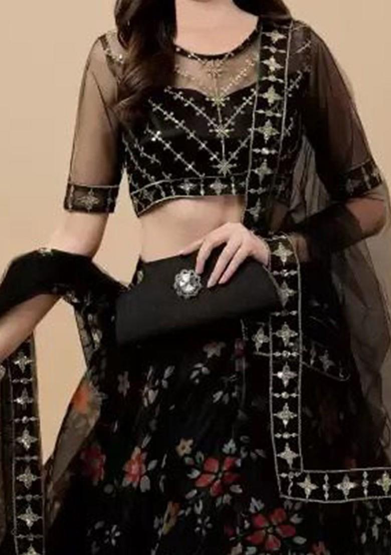 Black Embroidered Blended Lehenga Choli For Girls - Indya