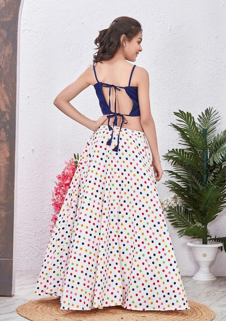 Navy Blue Printed Blended Lehenga Choli For Girls - Indya