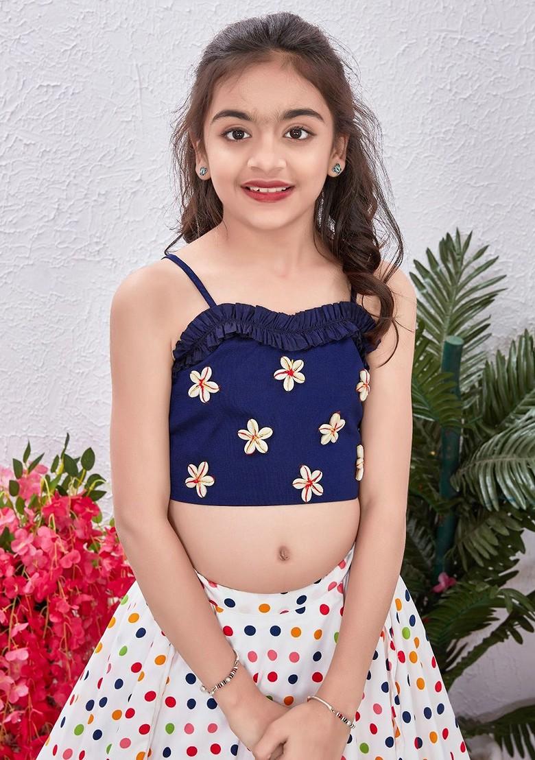 Navy Blue Printed Blended Lehenga Choli For Girls - Indya