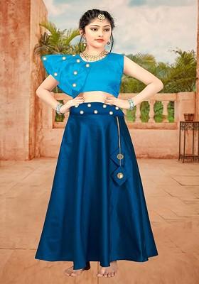 Navy Blue Embroidered Blended Lehenga Choli For Girls