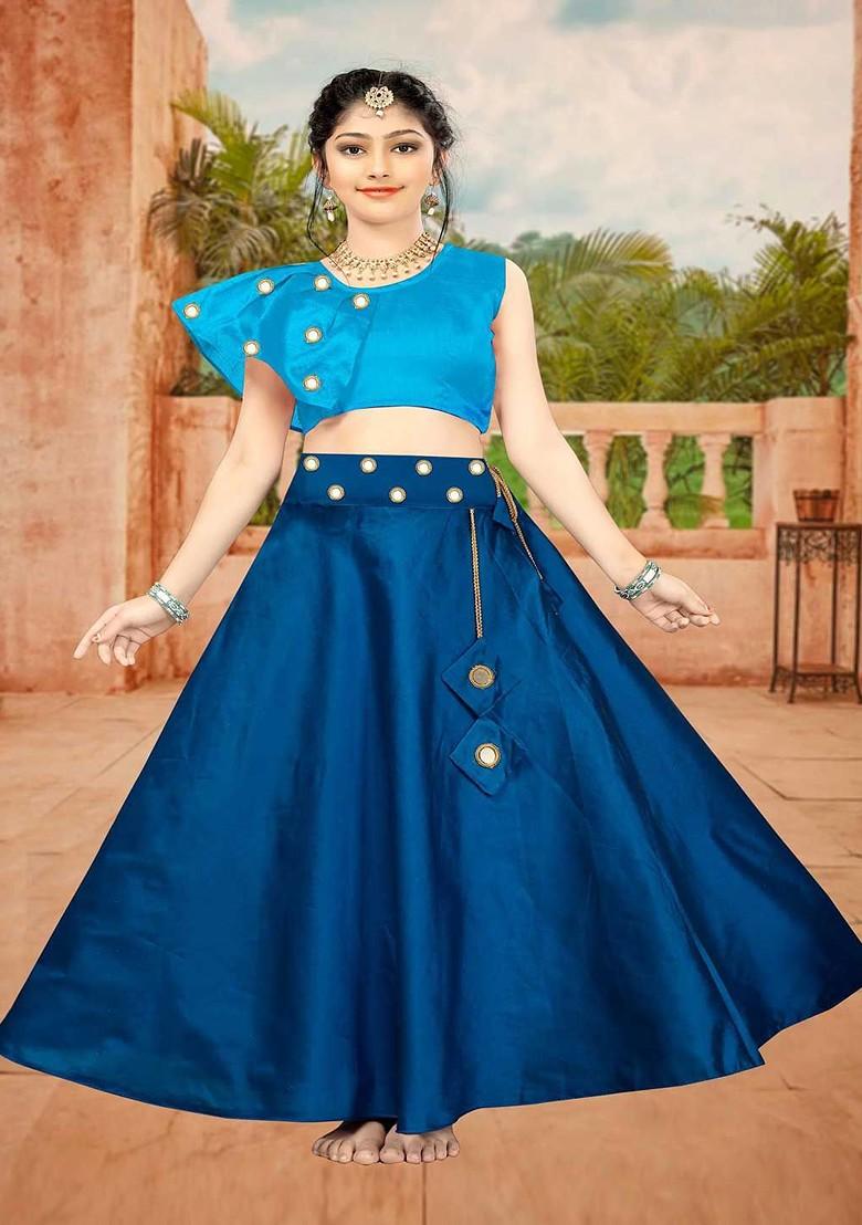 Navy Blue Embroidered Blended Lehenga Choli For Girls - Indya