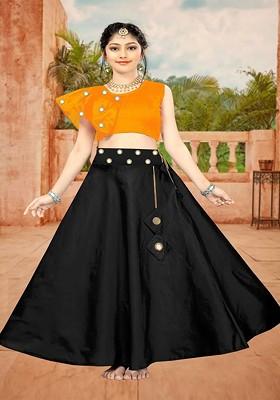 Orange Embroidered Blended Lehenga Choli For Girls