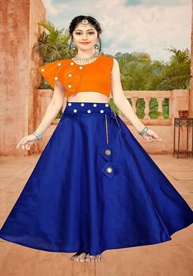 Navy Blue Embroidered Blended Lehenga Choli For Girls