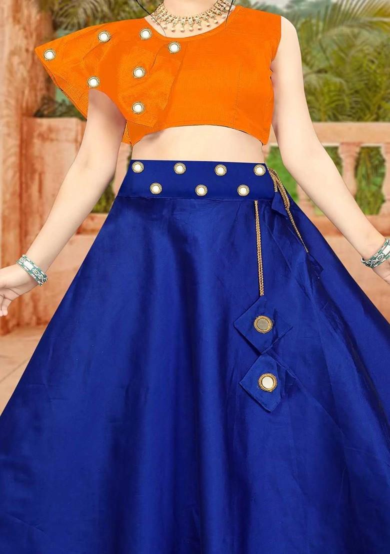 Navy Blue Embroidered Blended Lehenga Choli For Girls - Indya