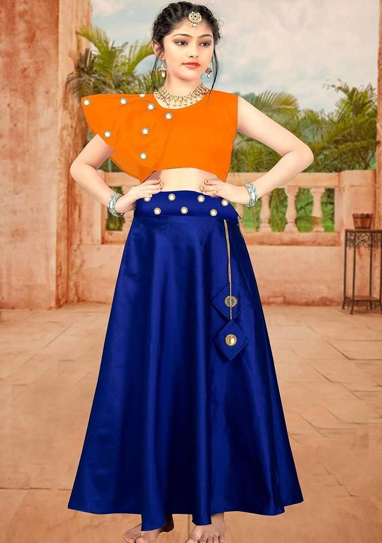 Navy Blue Embroidered Blended Lehenga Choli For Girls - Indya
