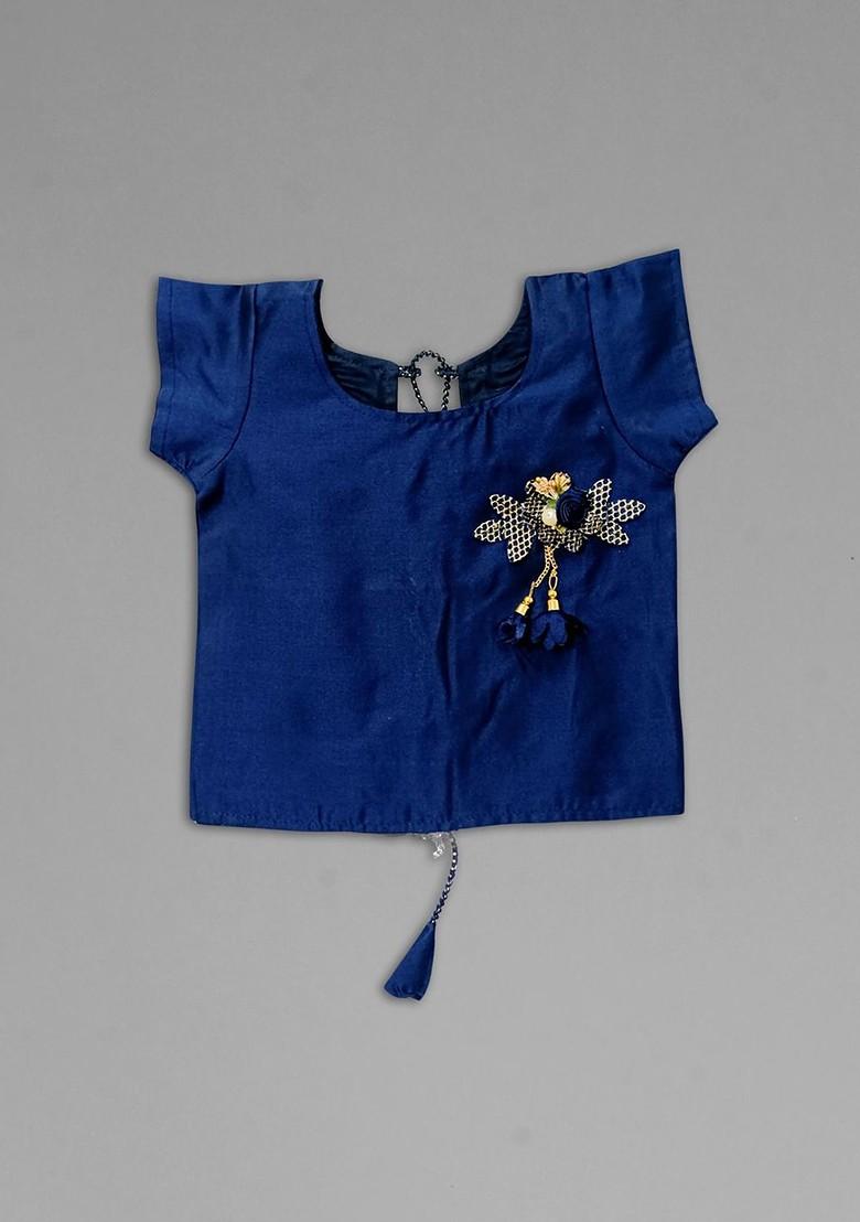 Navy Blue Embroidered Silk Lehenga Choli For Girls - Indya